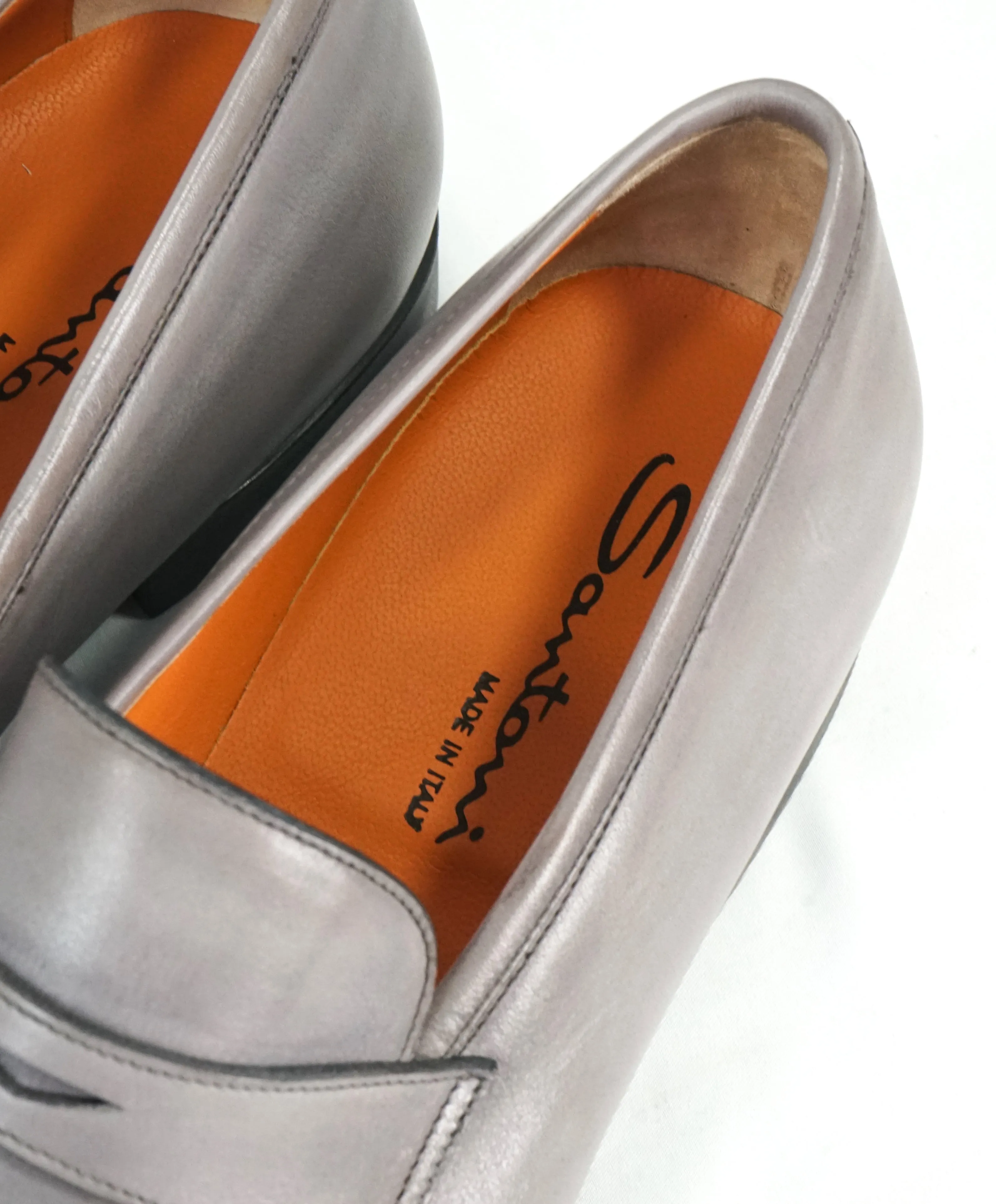 SANTONI - Sleek Gray Leather Penny Loafers W Embossed Logo Sole - 10