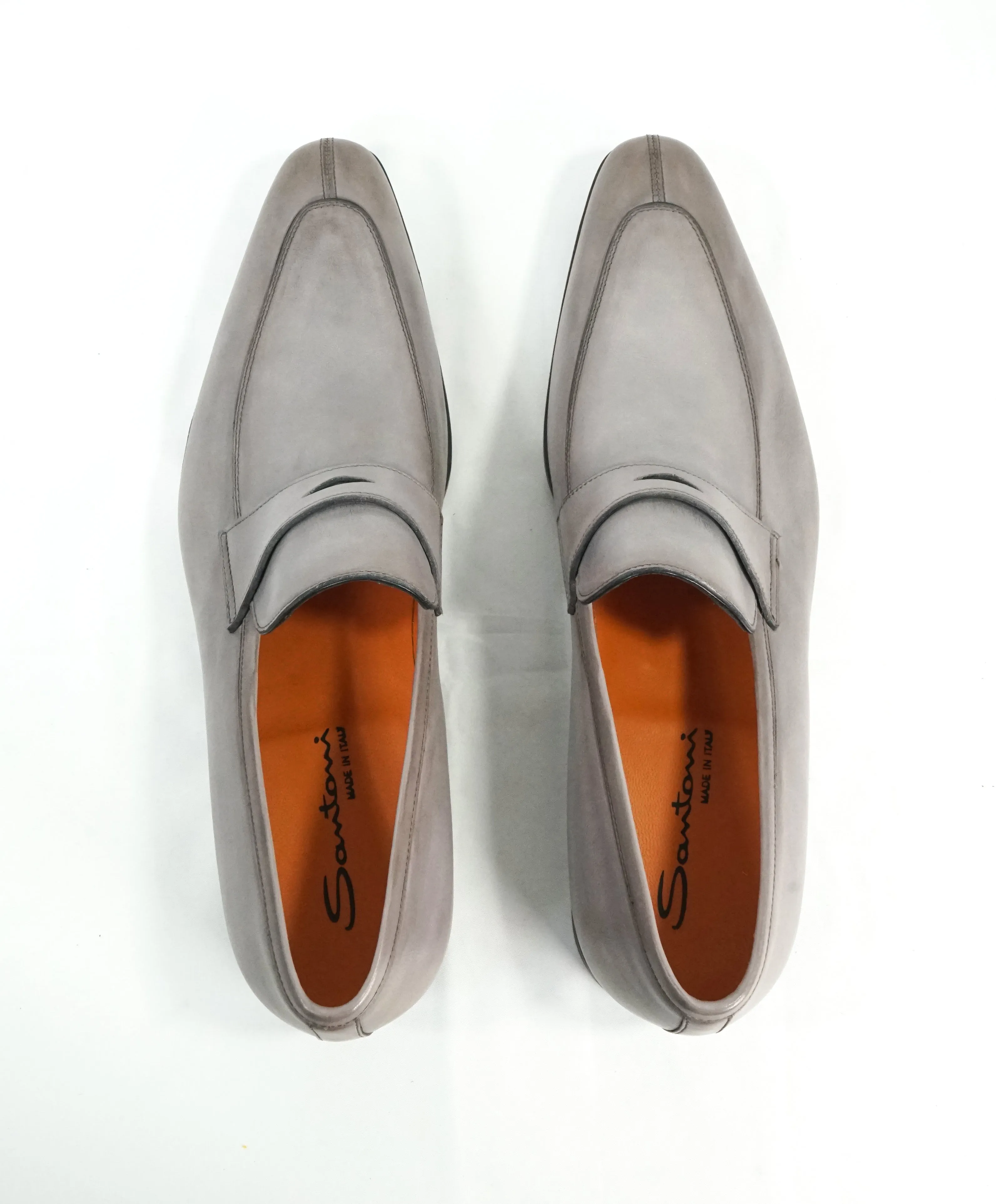 SANTONI - Sleek Gray Leather Penny Loafers W Embossed Logo Sole - 10
