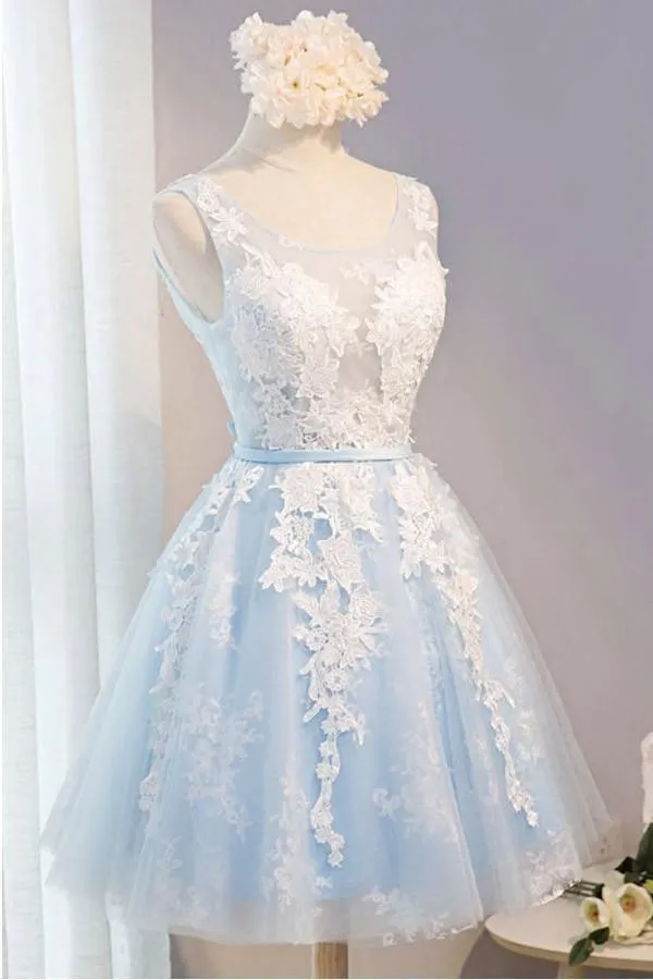 Scoop Neck Short Tulle Homecoming Dress With Appliques Lace  PG137