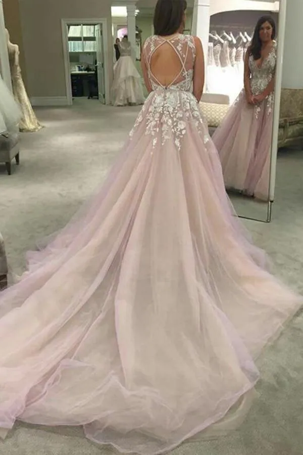 Scoop V-neck Long Wedding Dress with Appliques PG359