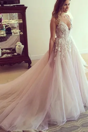 Scoop V-neck Long Wedding Dress with Appliques PG359
