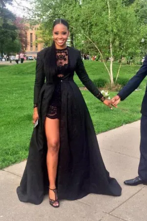 Sexy Black Sheer Prom Dresses,Lace Prom Dress with Tunic,Evening Dresses,SVD417