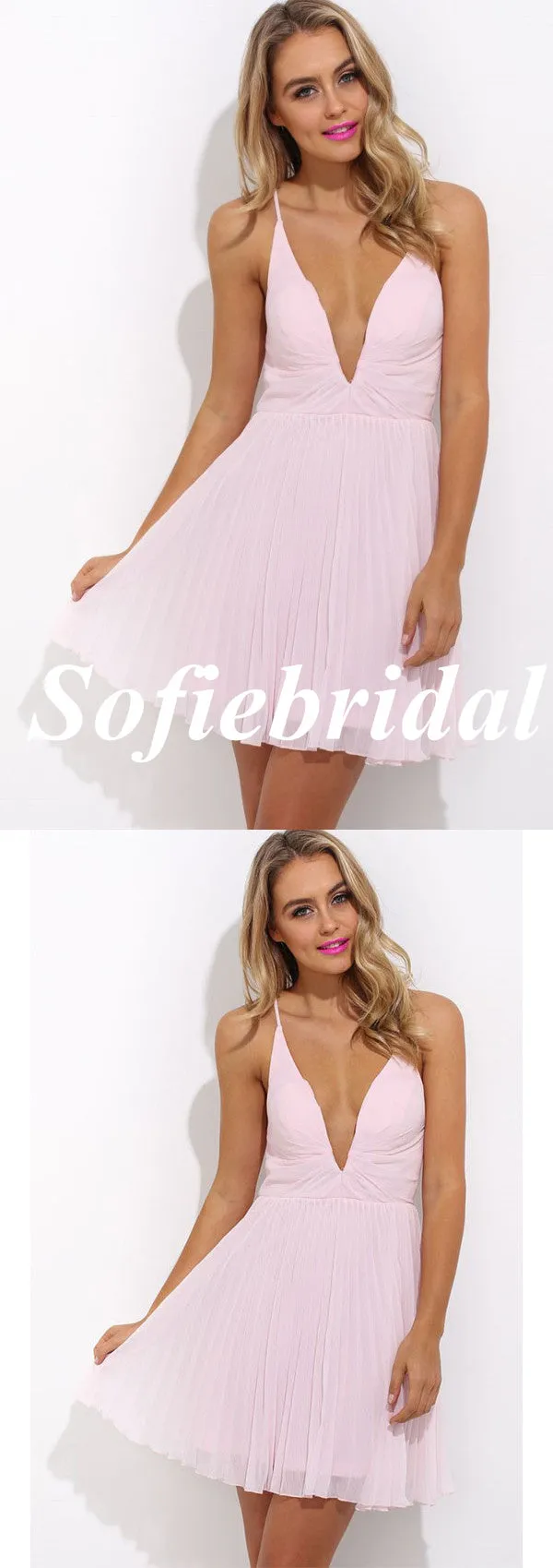 Sexy Chiffon Spaghetti Straps V-Neck A-Line Mini Dresses/ Homecoming Dresses, PD3575
