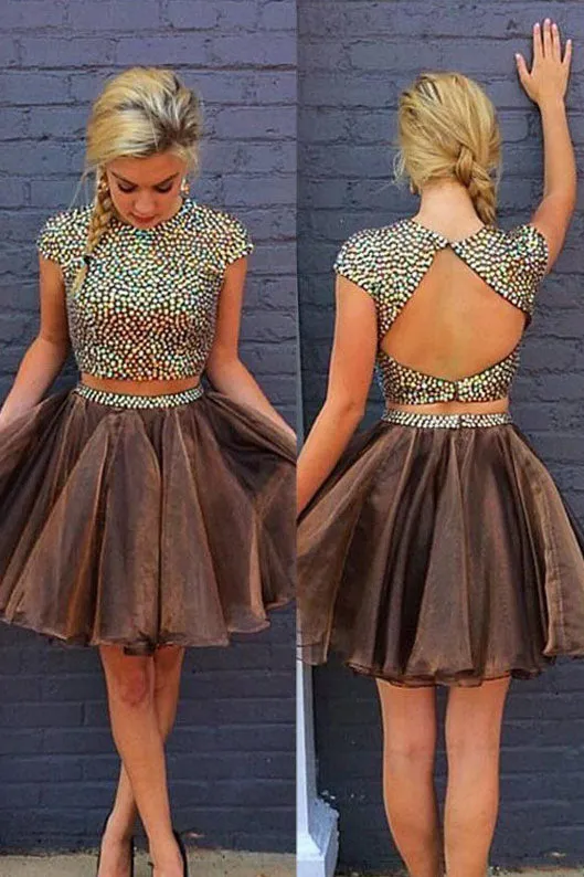 Sexy Rhinestone Beaded Organza Shinny 2 Pieces Cap Sleeves Backless Homecoming Dress OK372