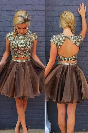 Sexy Rhinestone Beaded Organza Shinny 2 Pieces Cap Sleeves Backless Homecoming Dress OK372