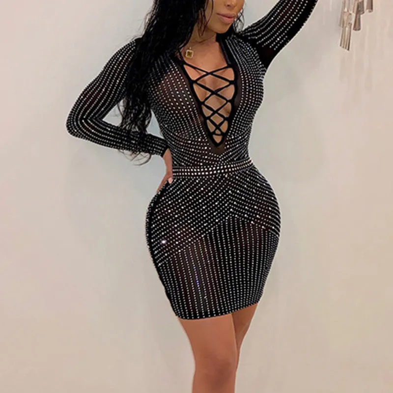 Sexy Sequins Lace-Up V-Neck Long Sleeve Dress