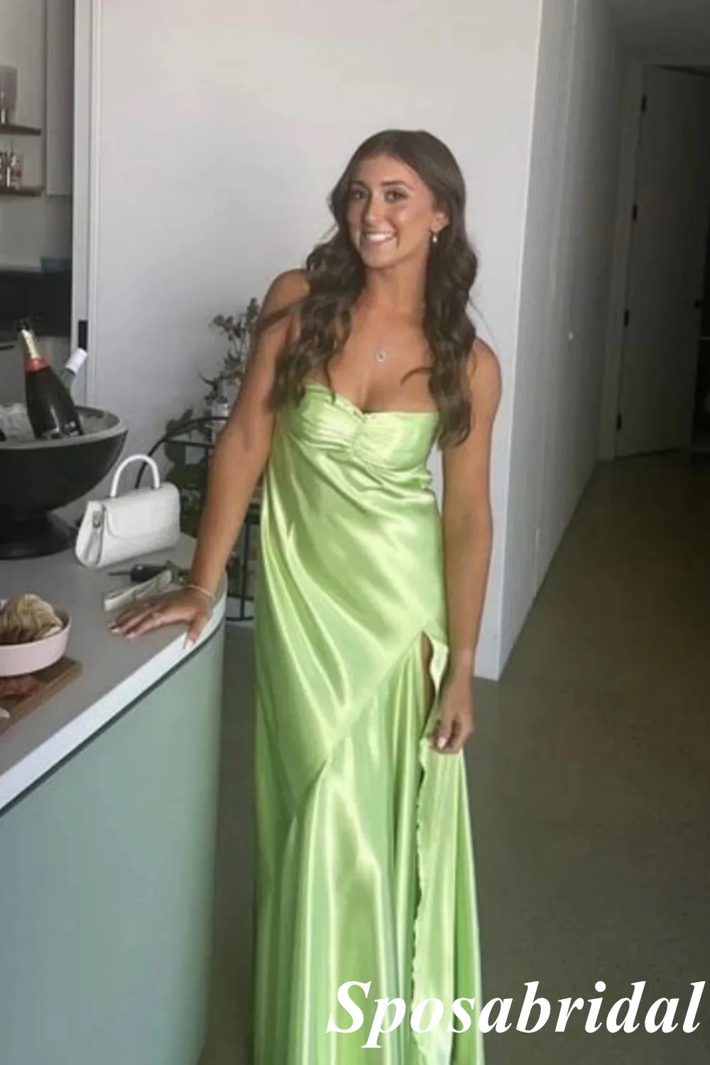 Sexy Soft Satin Spaghetti Straps Sleeveless Side Slit Mermaid Maxi Prom Dress, PD4018