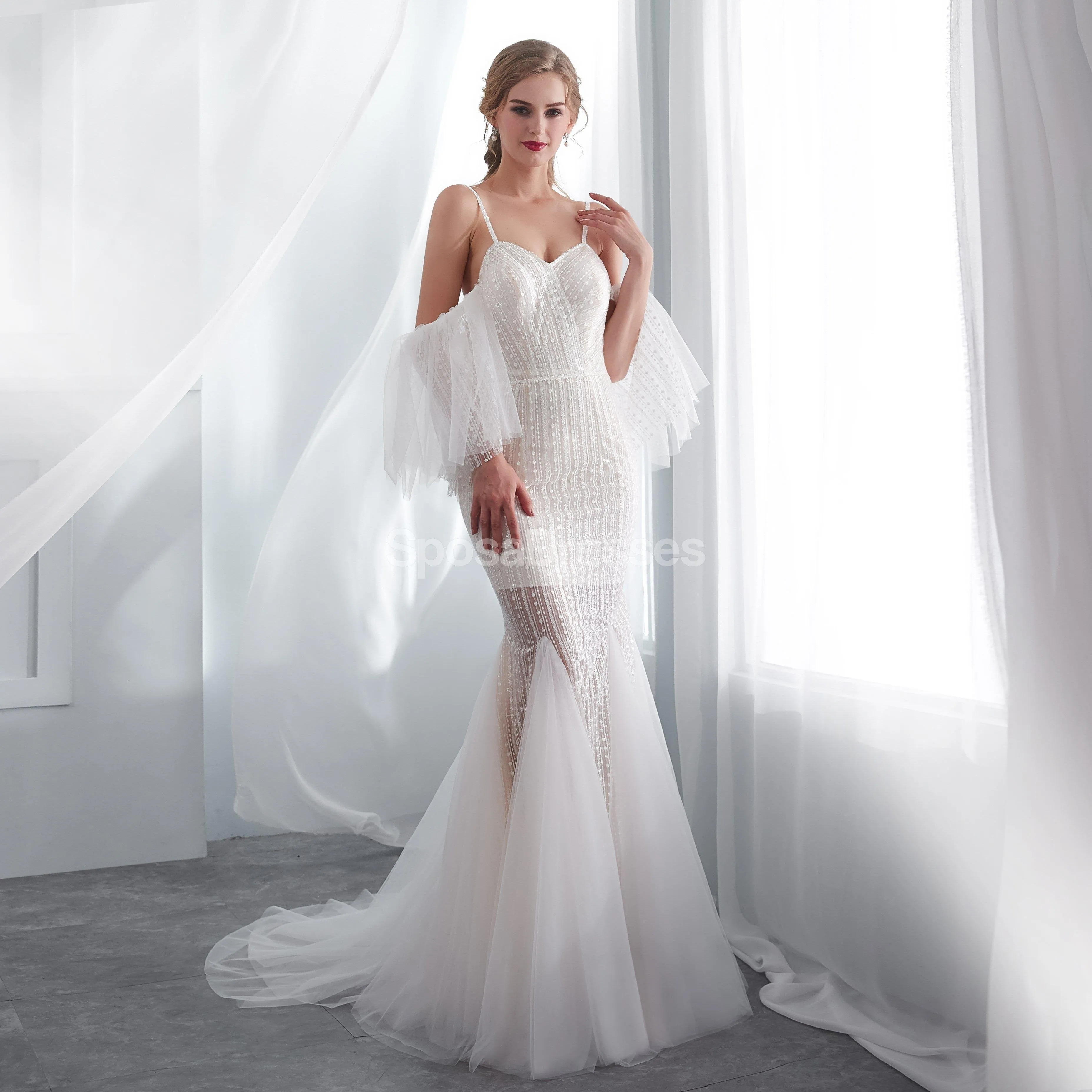 Sexy Spaghetti Straps Lace Mermaid Wedding Dresses Online, Unique Bridal Dresses, WD575