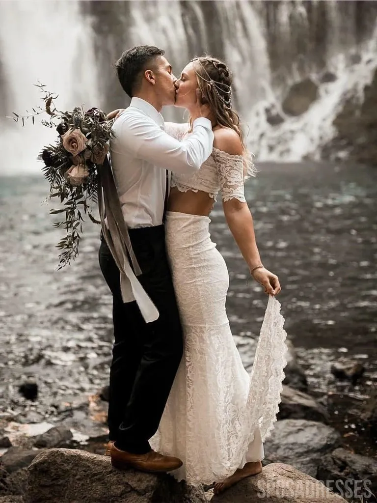 Sexy Two Pieces Mermaid Lace Wedding Dresses, Cheap Wedding Gown, WD692