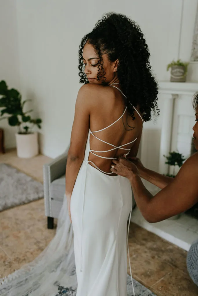 Sheath Spaghetti Straps Lace-up Back Wedding Dresses With Train, WD0492