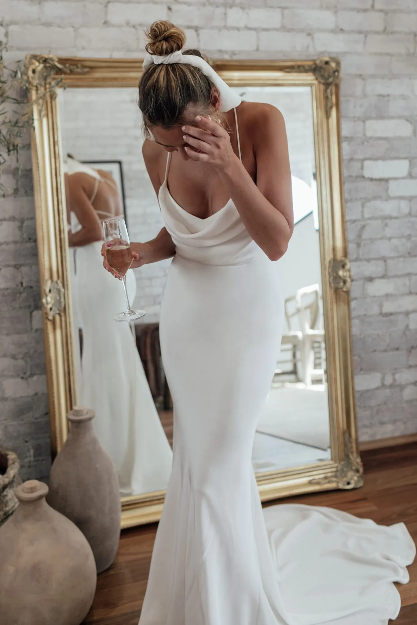 Sheath Spaghetti Straps Lace-up Back Wedding Dresses With Train, WD0492