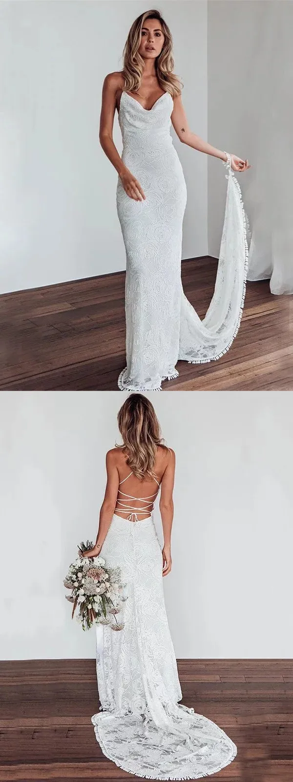 Sheath V-neck Lace up Back Sexy Wedding Dresses With Train, WD0454