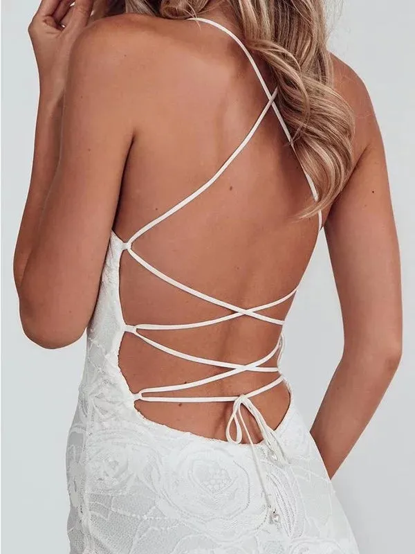 Sheath V-neck Lace up Back Sexy Wedding Dresses With Train, WD0454