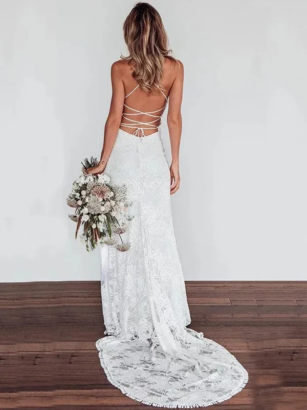 Sheath V-neck Lace up Back Sexy Wedding Dresses With Train, WD0454