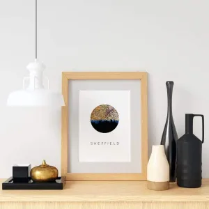 Sheffield, England city skyline with vintage Sheffield map