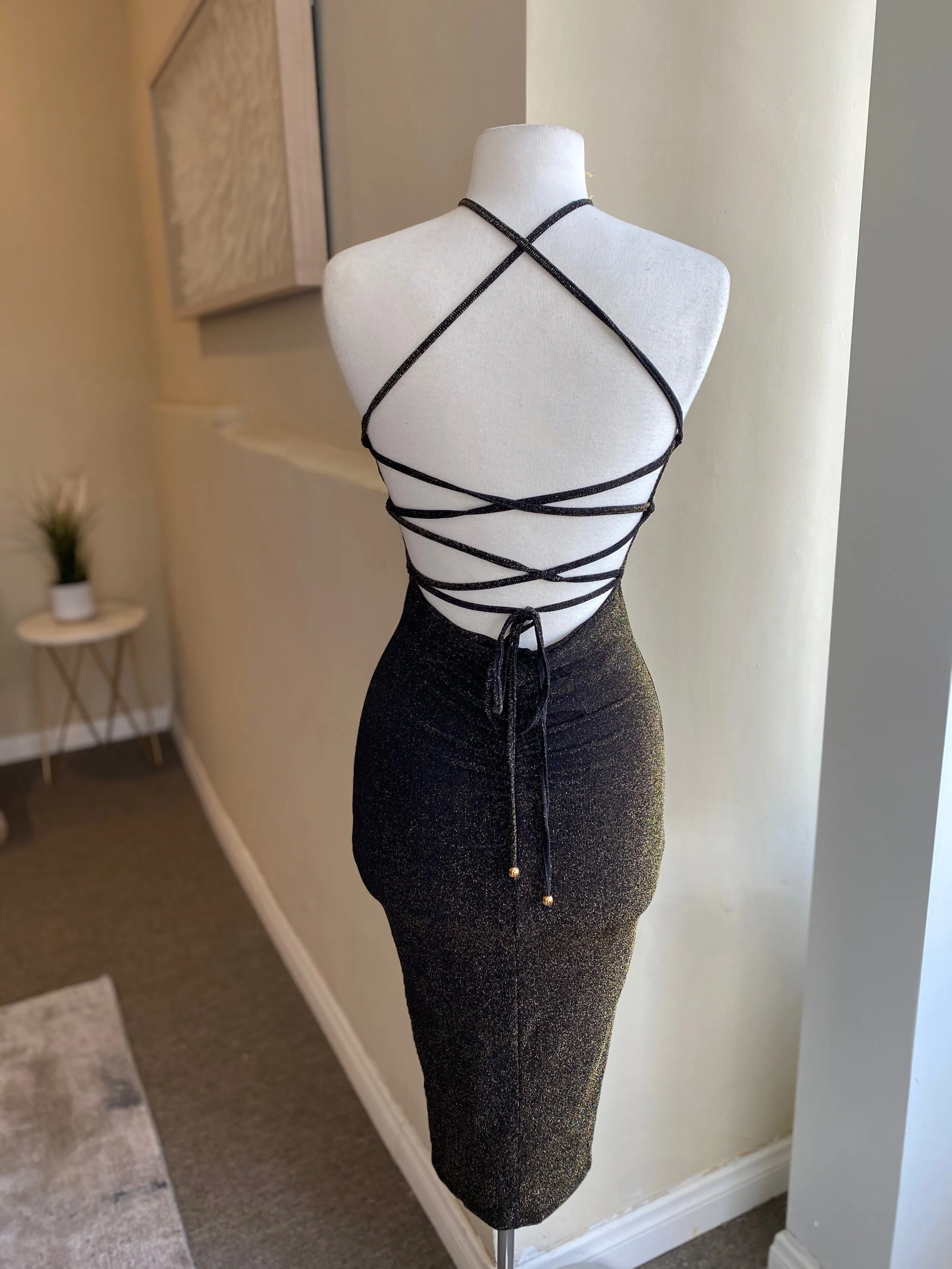 Shimmer Lace Up Back Dress
