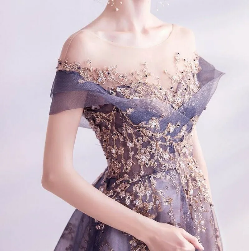 Shiny A-Line Off The Shoulder Long Prom Dress With Appliques, Evening Dress YZ211015