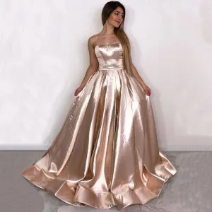 Shiny Rose Gold Sweetheart Strapless A-line Long Prom Dress, PD3393