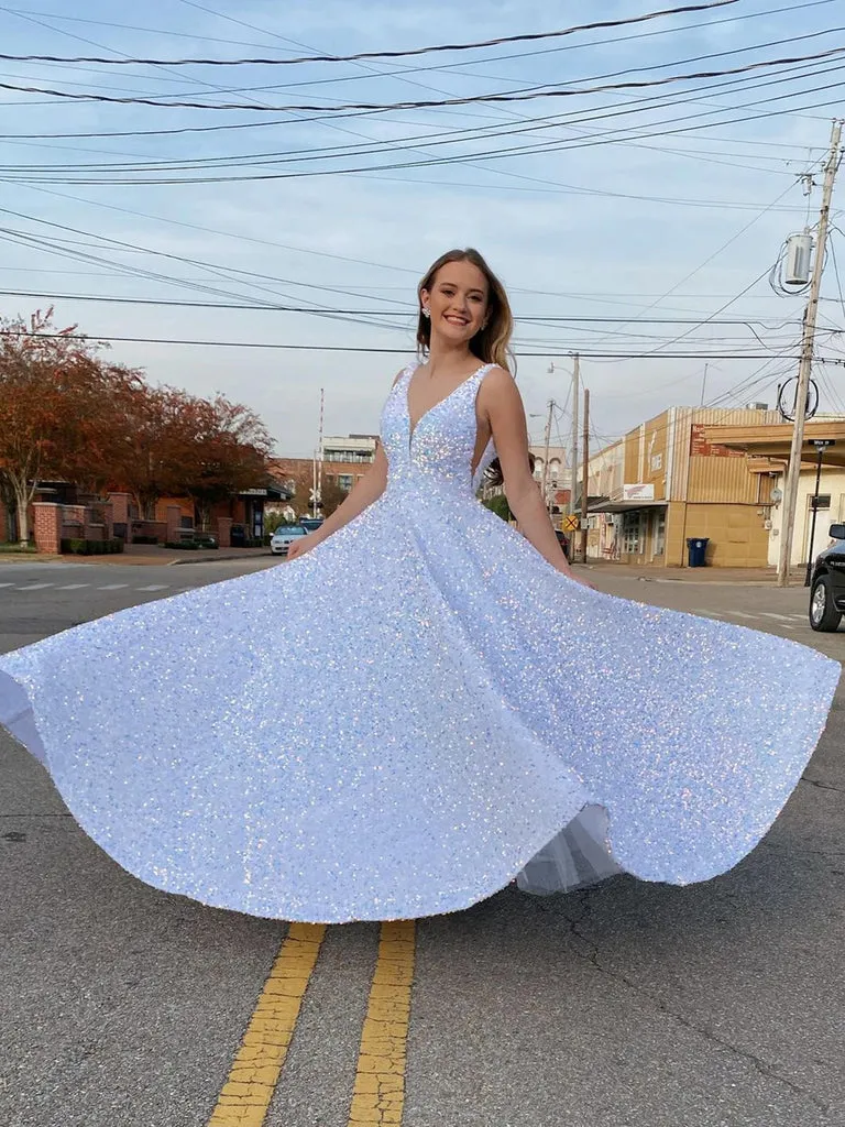 Shiny Sequins V-neck A Line Long Prom Dress Formal Evening Dress OK1297