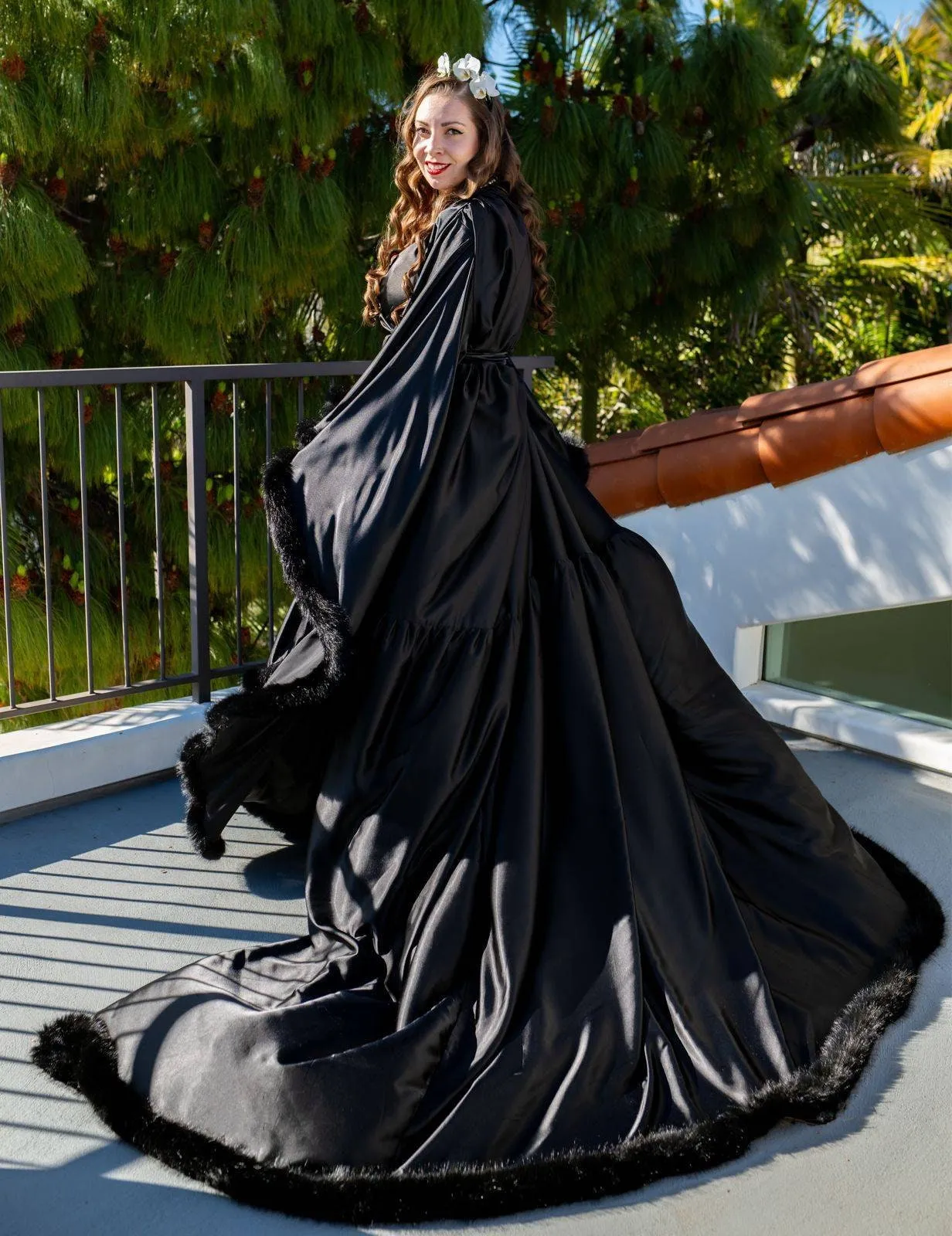 Silky Satin Victorian Feather Fringe Robe Dress