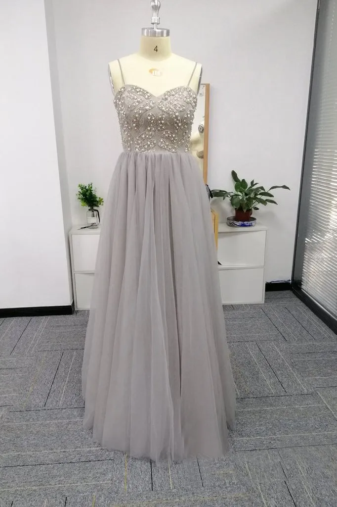 Silver Spaghetti Straps Beaded Bodice Tulle A-line Prom Dress OKS82