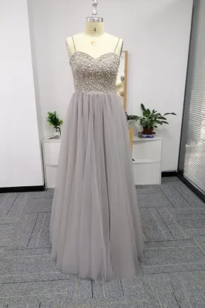 Silver Spaghetti Straps Beaded Bodice Tulle A-line Prom Dress OKS82