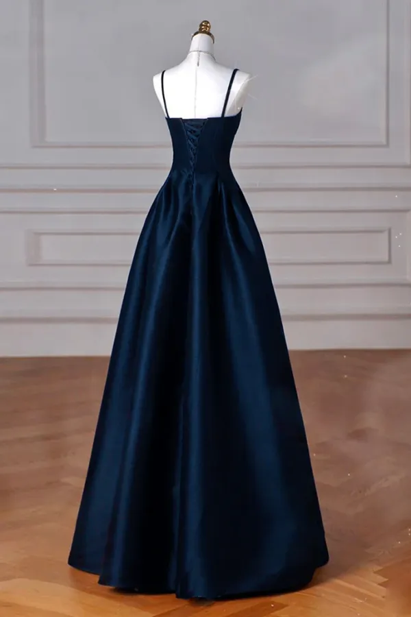 Simple A Line Dark Blue Satin Long Prom Dress, Dark Blue Long Formal Dress APP0959