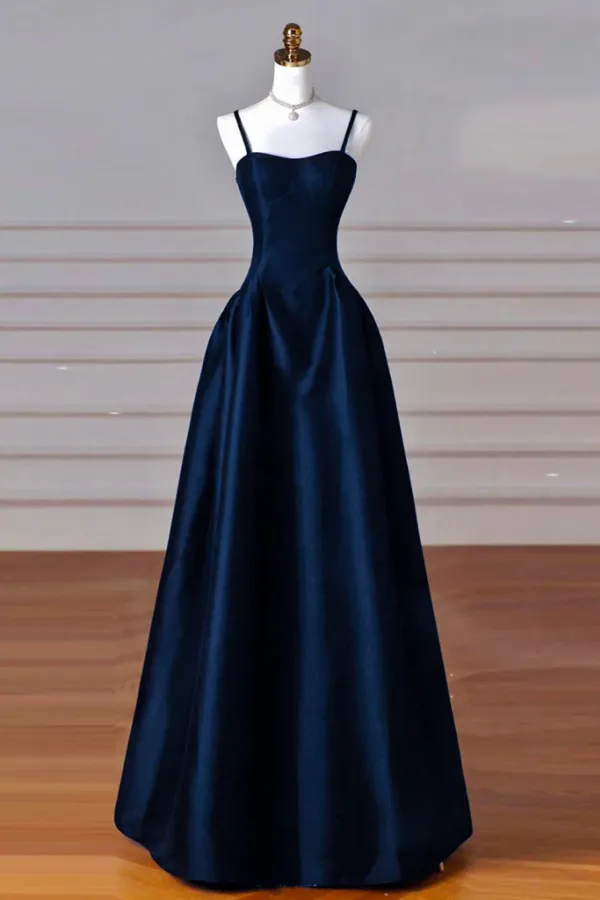 Simple A Line Dark Blue Satin Long Prom Dress, Dark Blue Long Formal Dress APP0959