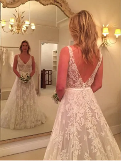 Simple A-line V Neck Lace  Backless Long Wedding Dresses Bridal Dress, SW221
