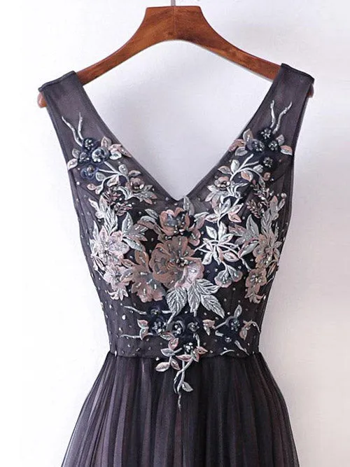 Simple Dark Grey Princess A-line V-neck Long Prom Dresses, Party Dress, M159