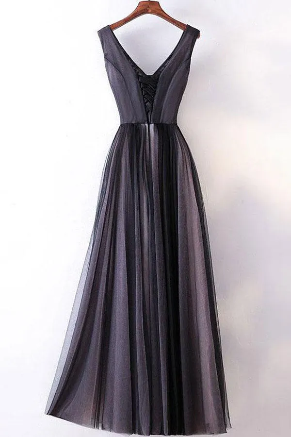 Simple Dark Grey Princess A-line V-neck Long Prom Dresses, Party Dress, M159