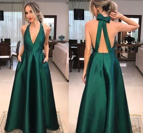 Simple Green Satin V-neck A-line Long Prom Dresses, Elegant Formal Dresses, M335