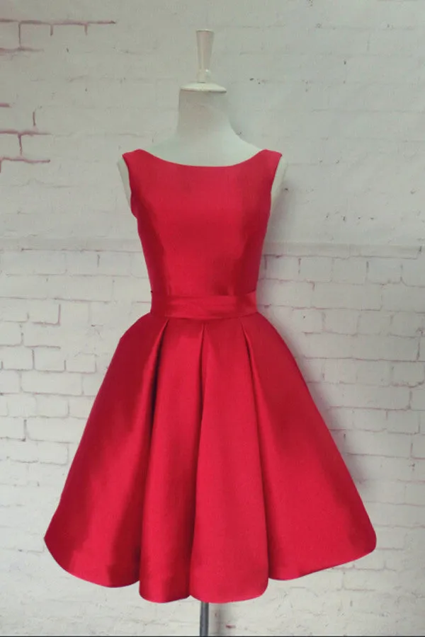 Simple Hot-selling Bateau Satin Short Red Homecoming Dresses with Bowknot OK337
