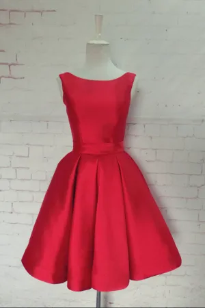 Simple Hot-selling Bateau Satin Short Red Homecoming Dresses with Bowknot OK337