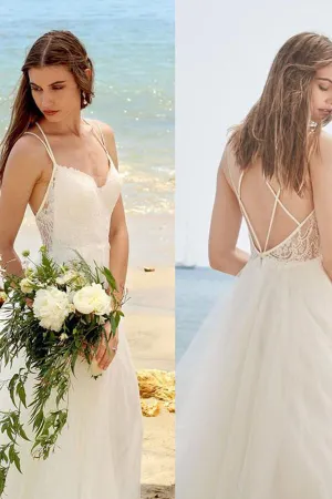 Simple Ivory A Line Tulle Spaghetti Straps Floor Length Beach Wedding Dress, SW197