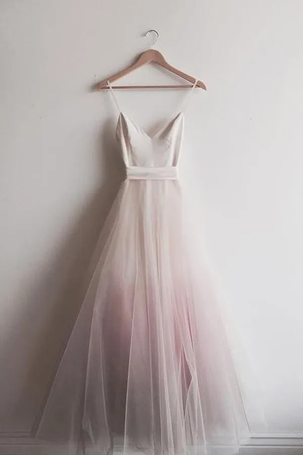 Simple Ombre A-line Spaghetti Straps Floor-length Long Prom Dresses, SP383
