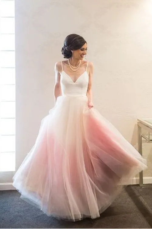 Simple Ombre A-line Spaghetti Straps Floor-length Long Prom Dresses, SP383