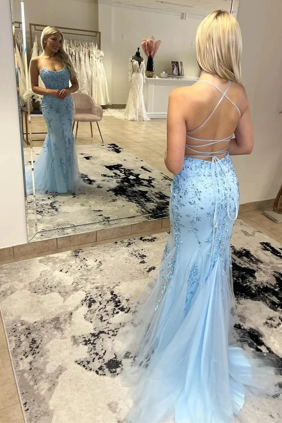 Sky Blue Trumpet Spaghetti Straps Long Prom Dresses With Lace  TP1247