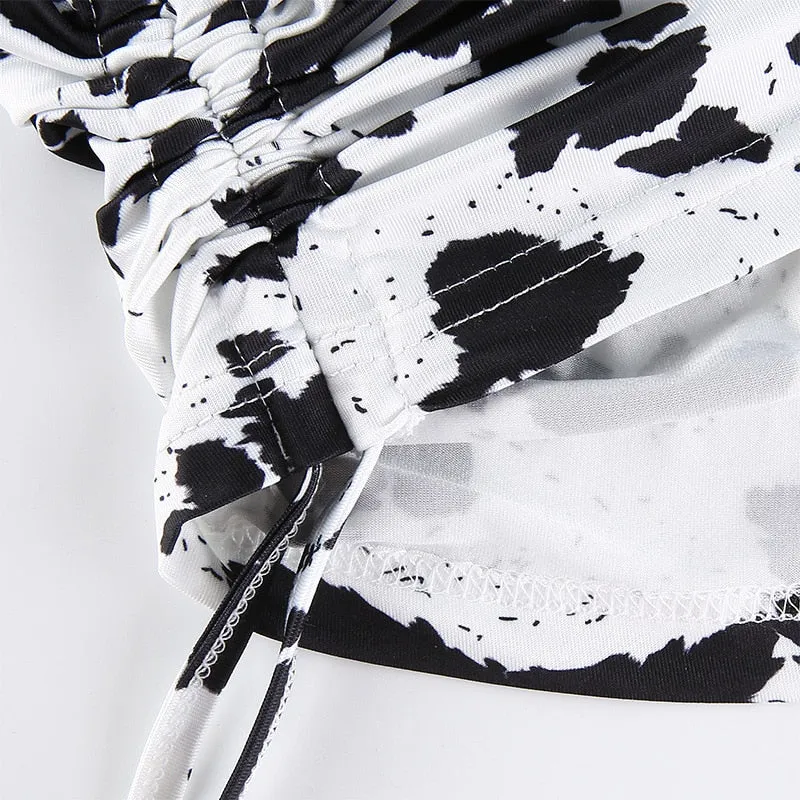 Sleeveless Cow Print Short Dress O Neck Wrap Lace up Speckle Slim Summer Dresses