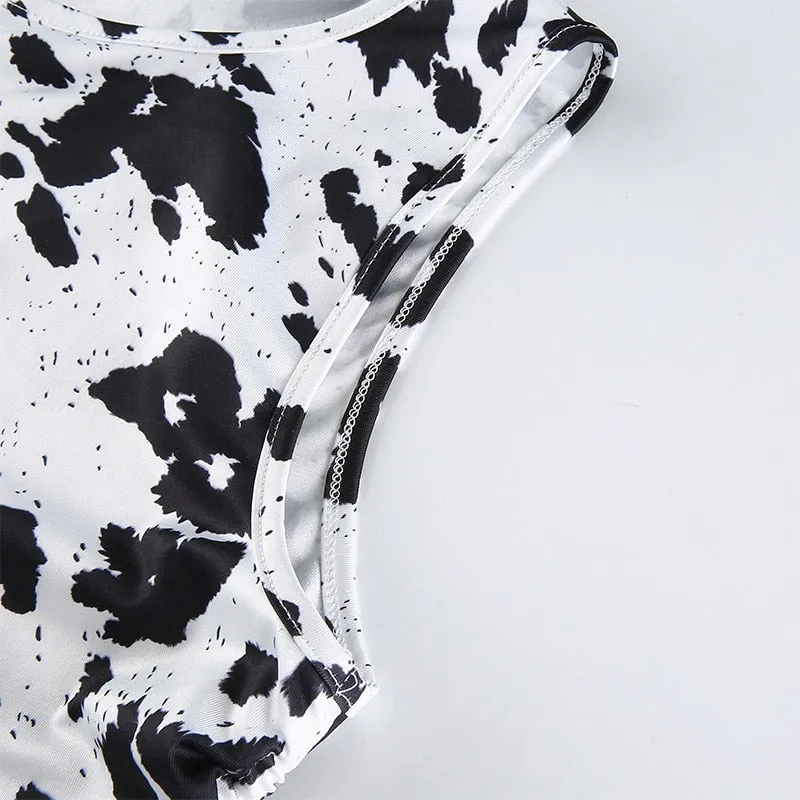 Sleeveless Cow Print Short Dress O Neck Wrap Lace up Speckle Slim Summer Dresses