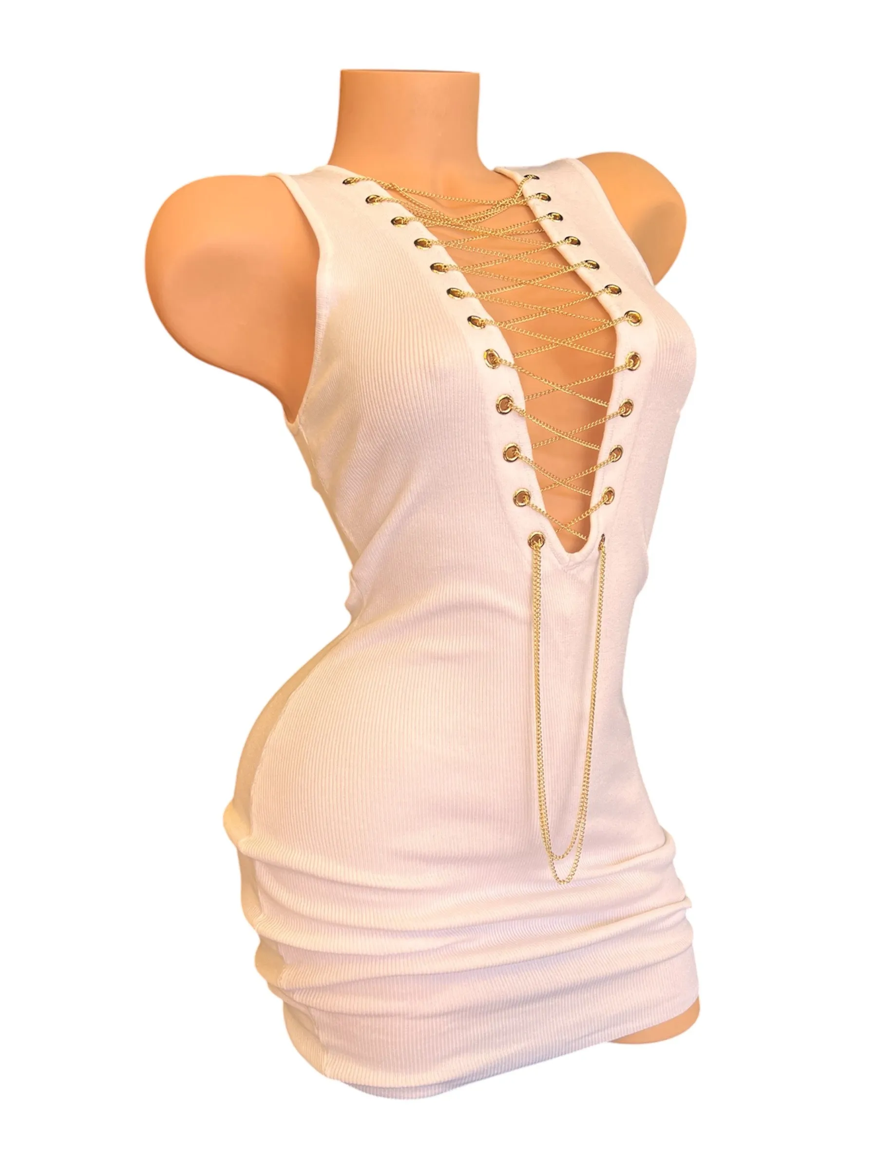SLEEVELESS GOLD CHAIN LACE UP WHITE DRESS