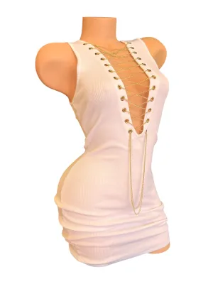 SLEEVELESS GOLD CHAIN LACE UP WHITE DRESS