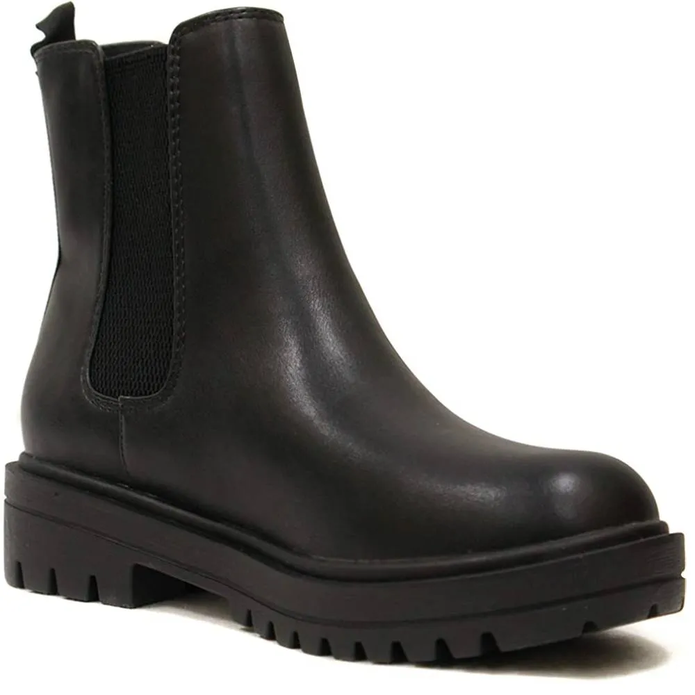 Soda Pilot ~ Women Lug Sole Low Heel Chelsea Fashion Ankle Bootie w/Double Elastic Gore | Multiple Colors and Sizes