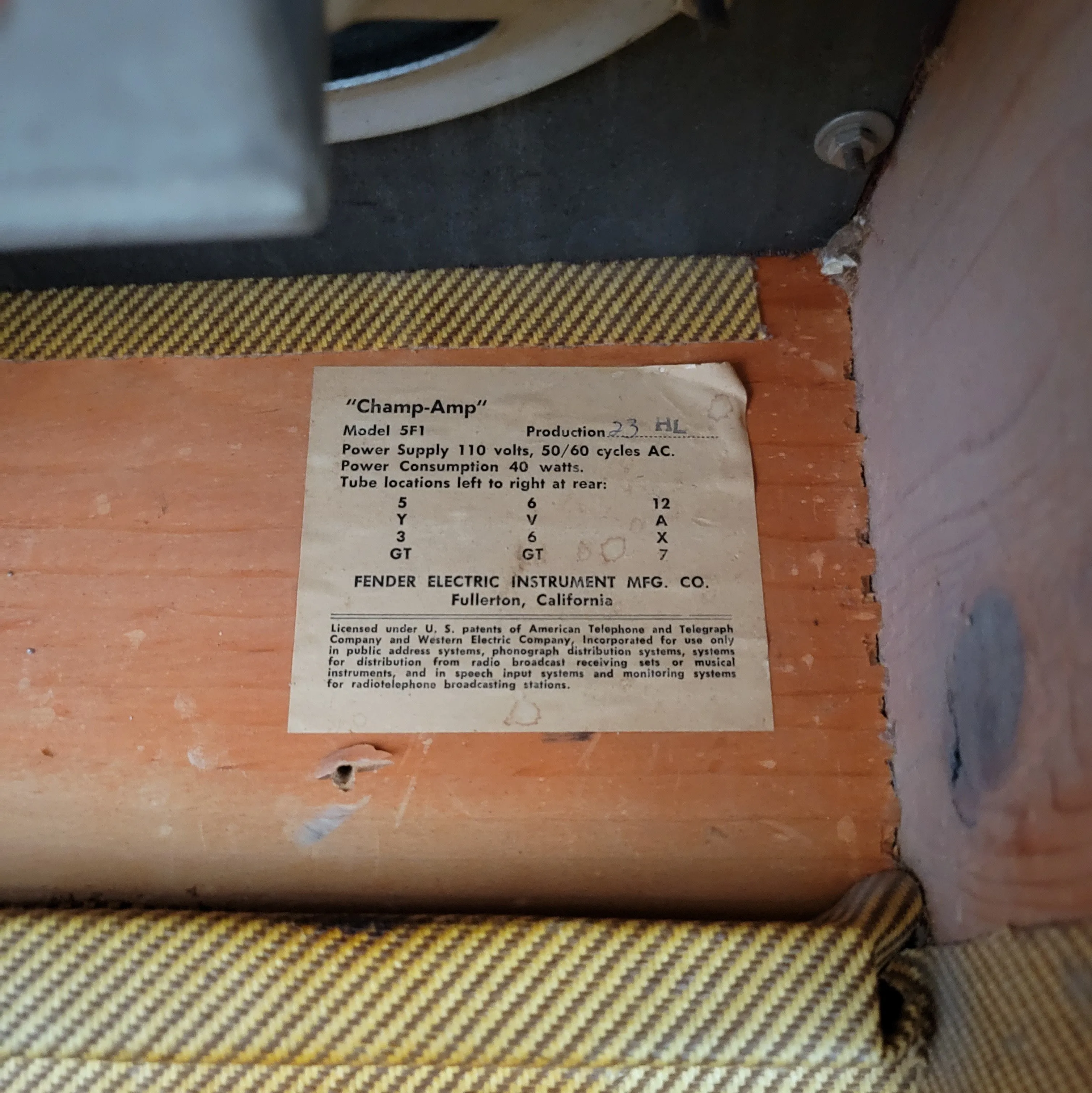 SOLD - Fender Champ 5F1 Tweed - 1958