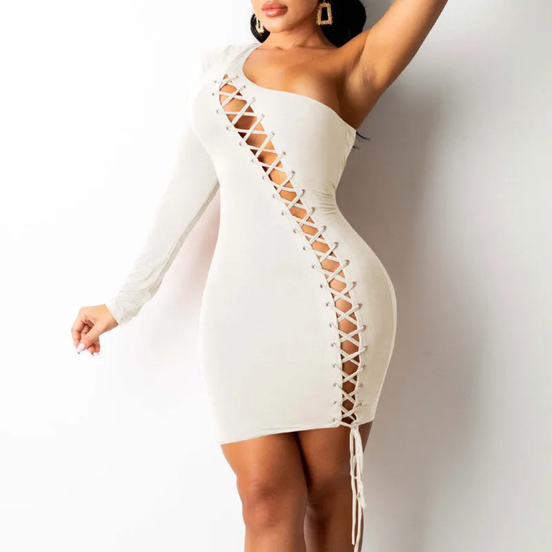 Solid One Shoulder Long Sleeve Eyelet Lace Up Bodycon Dress