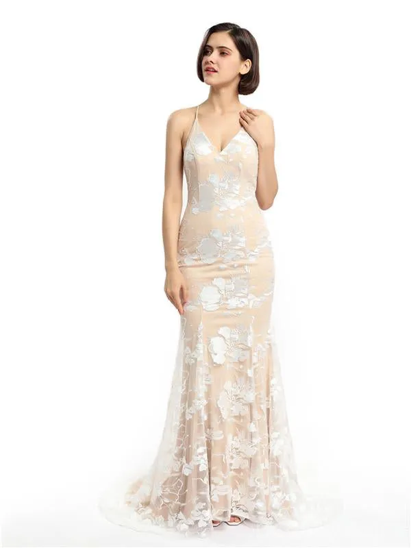 Spaghetti Straps Lace Mermaid Champagne Cheap Long Evening Prom Dresses, Evening Party Prom Dresses, 12149