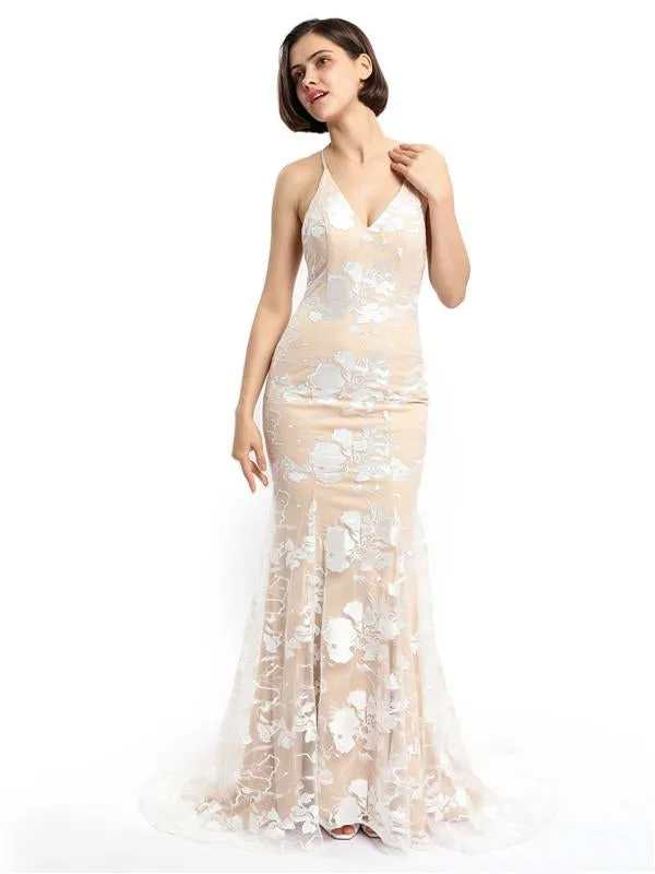 Spaghetti Straps Lace Mermaid Champagne Cheap Long Evening Prom Dresses, Evening Party Prom Dresses, 12149