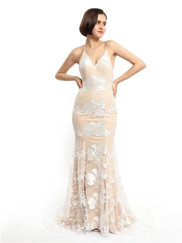 Spaghetti Straps Lace Mermaid Champagne Cheap Long Evening Prom Dresses, Evening Party Prom Dresses, 12149