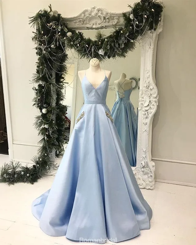 Spaghetti Straps Lace Up Back Simple Blue Prom Dress, PD0640