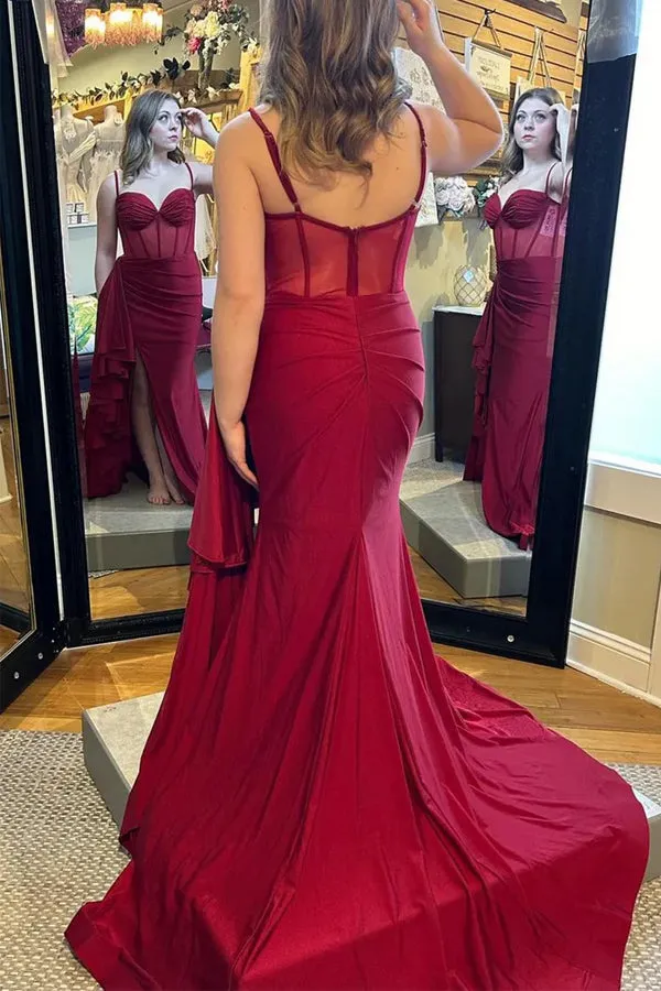 Spaghetti Straps Mermaid Burgundy Long Prom Dress TP1332